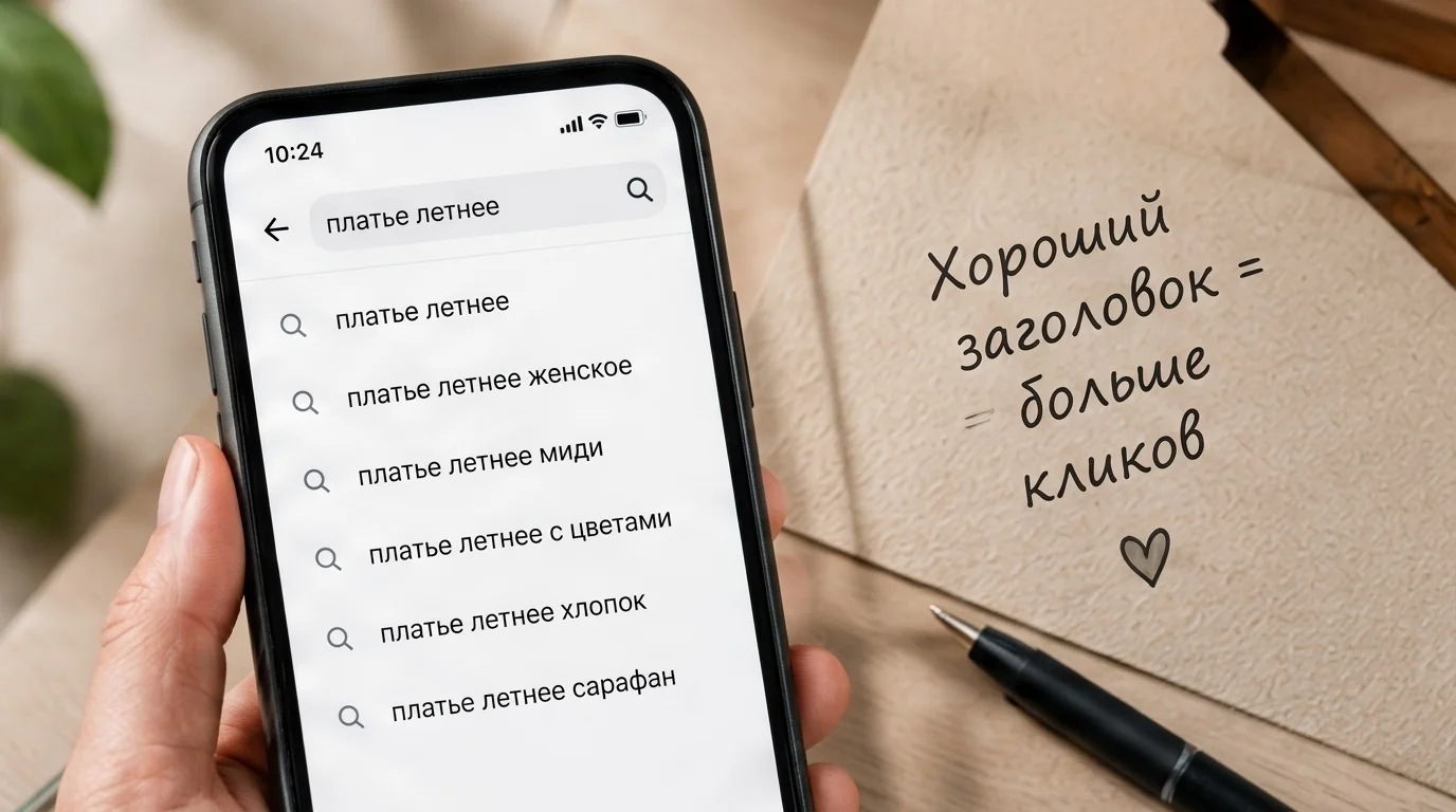 Смартфон с поисковыми подсказками и блокнот для планирования ключевых слов